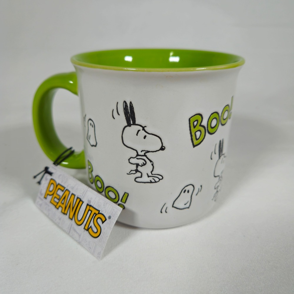 Peanuts Snoopy Boo Ghost Halloween Ceramic Coffee Mug Cup Green Trim NWT Fall